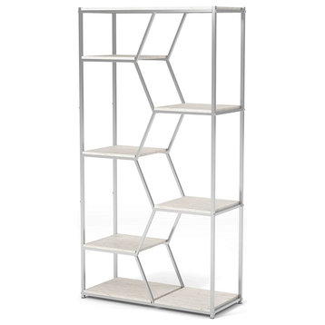 Contemporary Bookcase, Chrome Metal Frame With 5 Staggered White Shelves