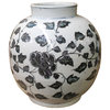 Chinese Gray Blue Off White Flowers Graphic Fat Round Ceramic Vase Hws1073