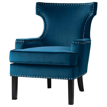 Mid Century Modern Accent Chair, Wingback Design With Nailhead Trim, Navy