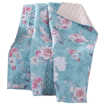 Benzara BM218731 Polyester Throw Blanket with Floral Print, Blue and White