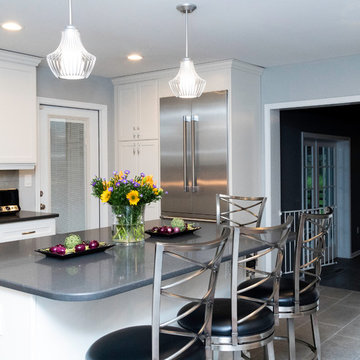 Transitional White & Gray Kitchen Remodel | Quartz Island & Mosaic Backsplash