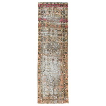 Semi Antique Apricot And Peach Colors Persian Tabriz Handknotted Rug, 3'4"x10'8"