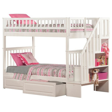 AFI Woodland Twin Over Twin Solid Wood Staircase Storage Bunk Bed in White