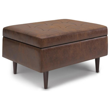 Pemberly Row Mid-Century 34" Faux Leather Coffee Table in Distressed Brown
