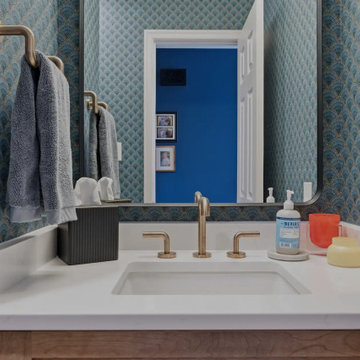 Warm Cherry Kitchen and Powder Room Remodel with Waterfall Island in Herndon, VA