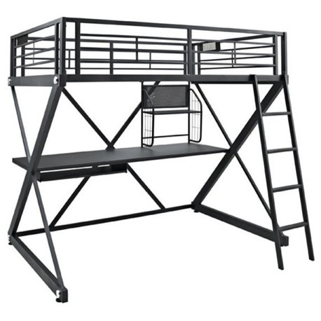 Linon Z-Bedroom Full Size Metal Study Loft Bunk Bed in Black