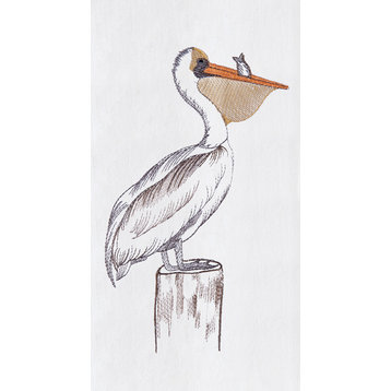 Coastal Bird Pelican on Pier Piling Flour Sack Kitchen Towel 27 Inch