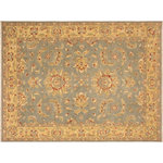 Bareens Designer Rugs - Bohemien Ziegler Jacquett Gray Blue Hand-Knotted Wool Rug - 5'8'' x 8'0'' - Enhance the ambiance of your home with this magnificent Persian-influenced Turkish hand-knotted rug made by skilled artisans capable of creating the most exceptional vegetable dyes and hand-spun wool. This exquisite handmade rug is a one-of-a-kind Peshawar Kafkaz, otherwise identified as Chobi, Chobi Peshawar, Oushak, or Ziegler rug. These handmade rugs are crafted in Pakistan utilizing superior-quality wool imported from Australia, New Zealand, and Korea in two types of weaves: the Persian weave and the Mori weave. This rug is meticulously crafted by hand using the finest natural vegetable dyes extracted from local plants. The artisans use a blend of hand-spun local and fine merino wool, resulting in a rug with a compelling texture, higher lanolin content, and longer staple. The artisans occasionally incorporate natural or artificial silk into the pile to enhance specific motifs. The finished product is an awe-inspiring execution of flawless design and an understated palette that exudes elegance.