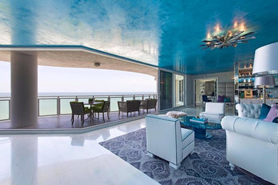 Example of a mid-sized eclectic formal and open concept porcelain tile and white floor living room design in Miami