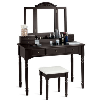 Vanity Set, Table With Tri Folding Mirror & Comfortable Cushioned Stool, Brown