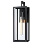 TRUE FINE - 18.5"H 1-Light Black Outdoor Wall Sconce Lantern Light - Illuminate your front door or garage with this contemporary exterior wall mounted lantern light. It's rated for wet locations, and its sleek frames are made from metal in a powder-coated black finish that complements your decor from classic to rustic. It features 4 clear glass panels with a elongated shape enclosed in a black and sleek clean-lined framework. E26 long tubular bulb is recommended to fully illuminate the glass and to complement the overall aesthetic, or use a Edison bulb to enhance a vintage look. It's Ideal for Front Porch, Patio, Garage, Deck etc. Plus, it's compatible with a dimmer switch, so you can make the most out of your lighting.