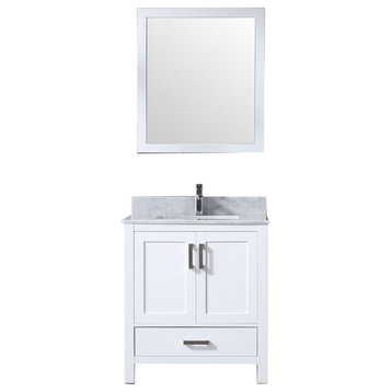 30" White Single Vanity, White Carrara Marble Top, White Sink and 28" Mirror