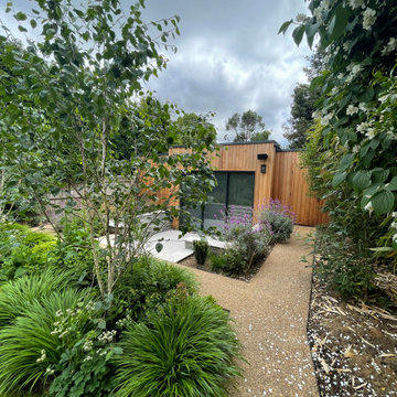 Home office with woodland planting under multi stem silver birches