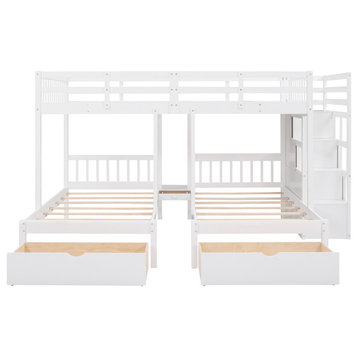 TATEUS Twin Bunk Bed, Wood Triple Bunk Bed with Drawers and Guardrails, White