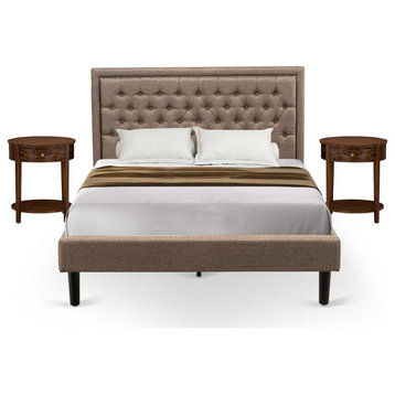 3Pc Queen Size Bed Set, 1 Queen Size Bed Dark Khaki, 2 Wooden Nightstand
