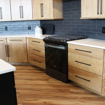 Angled Kitchen Design with Slab Style Cabinets in Pecan Stain