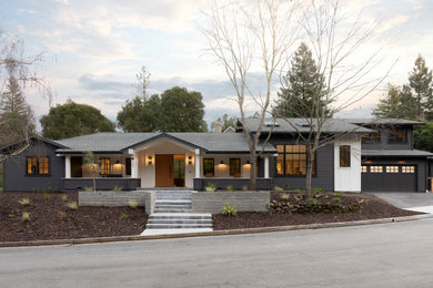 Large farmhouse multicolored two-story wood and clapboard exterior home photo in San Francisco with a shingle roof and a gray roof