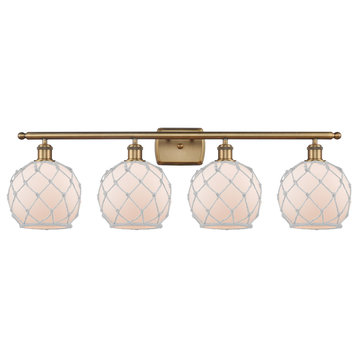 Ballston Farmhouse 4 Light Fixture, Brushed Brass/White Glass With White Rope