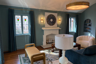 Living room - transitional living room idea in Dallas with blue walls
