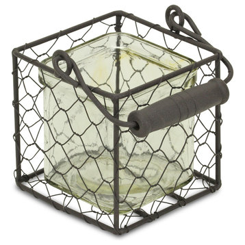 Square Wire Basket With Glass Jar, Brown, Large, Small