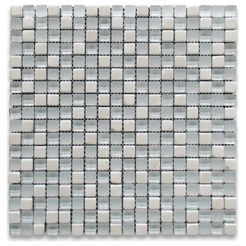 Glass Mosaic Tile White Glass White Marble 5/8" Square Backsplash Tile, 1 sheet