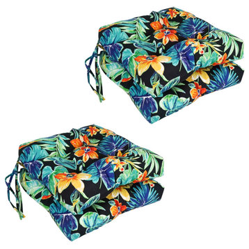 16" Patterned Outdoor Square Tufted Chair Cushions, Set of 4, Beachcrest Caviar