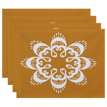 18"x14" Ikat Mandala, Geometric Print Placemat, Gold, Set of 4