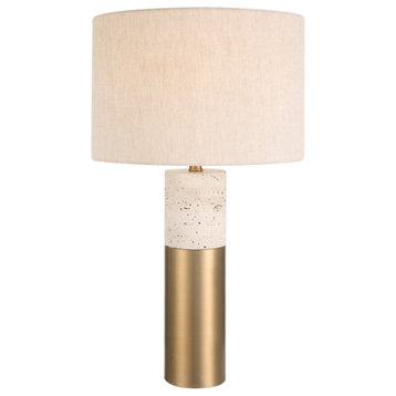 Contemporary Rustic Travertine Cylinder Table Lamp 28in Stone Brass Bronze Beige