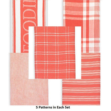 Assorted Coral Foodie Dishtowel and Dishcloth, Set of 5