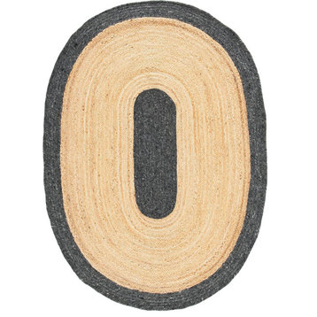 Farmhouse Reversible Oval Area Rug, Natural Jute With Black Boundary, 4' X 10'