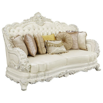 ACME Adara Sofa With7 Pillows, White PU and Antique White Finish