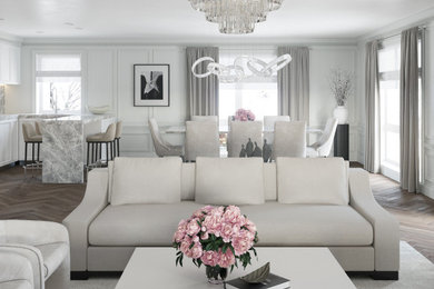 Inspiration for a large modern dark wood floor and brown floor living room remodel in New York with white walls