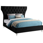Meridian Furniture - Kira Velvet Upholstered Bed, Black, Queen - Bring this Kira velvet bed into your space to give your room an instant style boost. This stunning queen-sized bed features soft black velvet upholstery, including the headboard and sideboards. Deep button tufting draws instant visual interest into your room, adding an elegant and sophisticated element that's hard to ignore. The padded design makes sitting up in bed to read or watch TV a more luxurious and comfortable endeavor. Elegant turned feet made from acrylic add a modern finish to the bed.