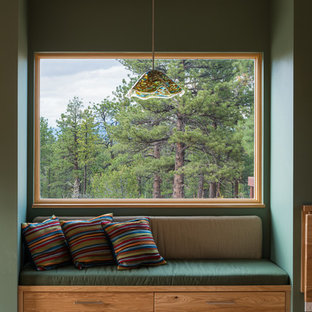 デンバーの大きいモダンスタイルのおしゃれなヨガスタジオ (緑の壁、無垢フローリング) の写真