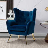 Dark Blue Velvet Wingback Chair with Navy Blue and Gray Hermes