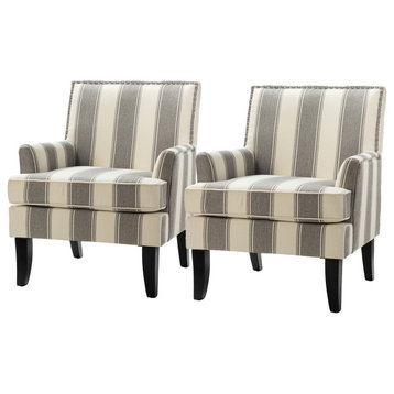 Wooden Upholstery Armchair, Set of 2, Stripe Gray