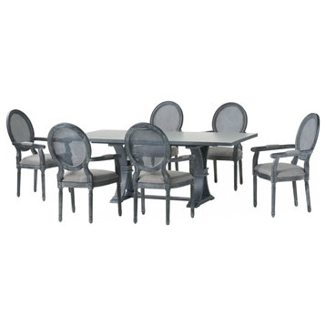 Ismay French Country Wood and Cane 7-Piece Expandable Dining Set, Gray/Gray