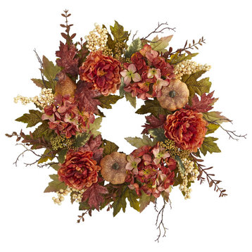 Nearly Natural 24" Peony, Hydrangea and Pumpkin Fall Artificial Wreath