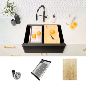 30" Undermount Workstation Single Bowl Black Composite Granite Kitchen