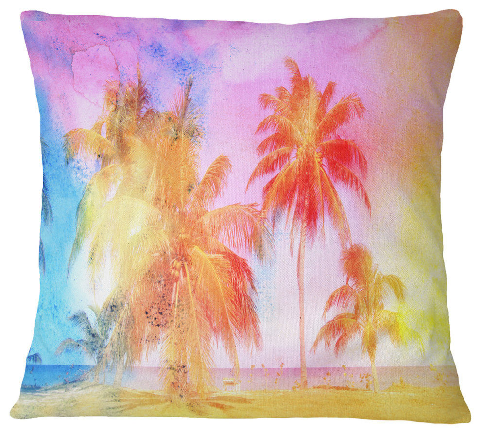 View of High rise Retro Palm Trees Landscape Painting Throw Pillow, 18