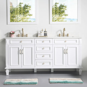 Solid Wood Bathroom Vanity with Quartz Top and cUPC Certified Sink, White, 72 Inch
