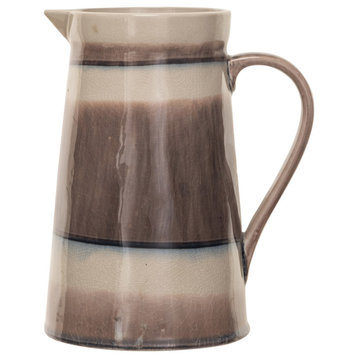Round Stoneware Pitcher With Stripes and Crackle Glaze, Brown and Cream