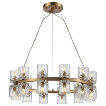 Double Vision 24-Light Chandelier, Clear and Satin Brass