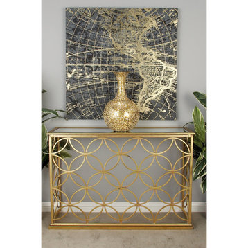 Contemporary Console Table, Overlapping Circular Golden Frame With Mirrored Top