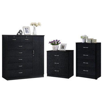 Home Square 3 Piece Bedroom Set with Three Chests in Black Wood Finish