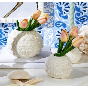 Two's Company Set of 3 White Sea Urchin Vases