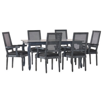 Regan Fabric Upholstered Wood and Cane Expandable 7-Piece Dining Set, Gray/Black
