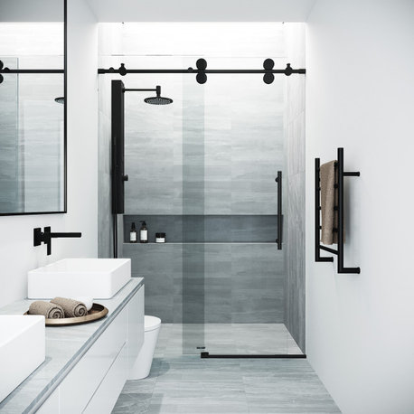 VIGO Elan 56" to 60" W x 74" H Frameless Sliding Shower Door, Matte Black, Clear Glass