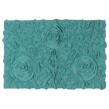 Bell Flower Collection Cotton Bath Rug, 21"x34", Turquoise