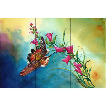 Ceramic Tile Mural Backsplash, Flying Hummer by Susan Libby, 18"x12"